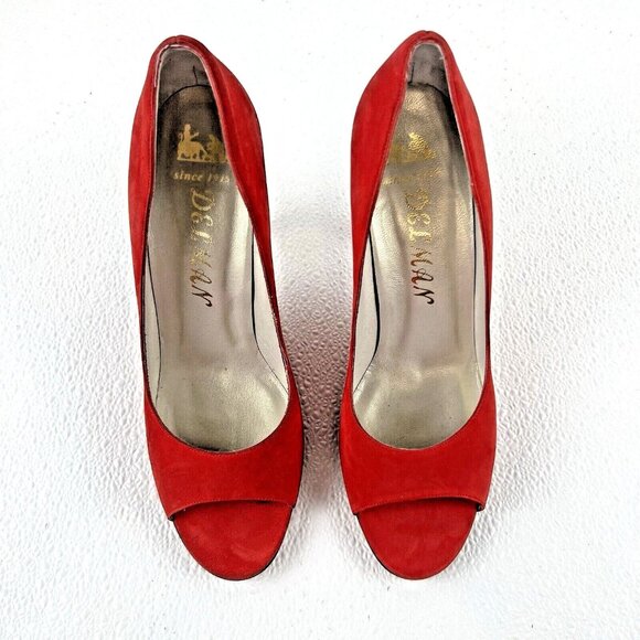 Women's 9N Red Peep Toe Mob Wife Career Chic Preppy Delman Suede Pumps Heels - Picture 2 of 13